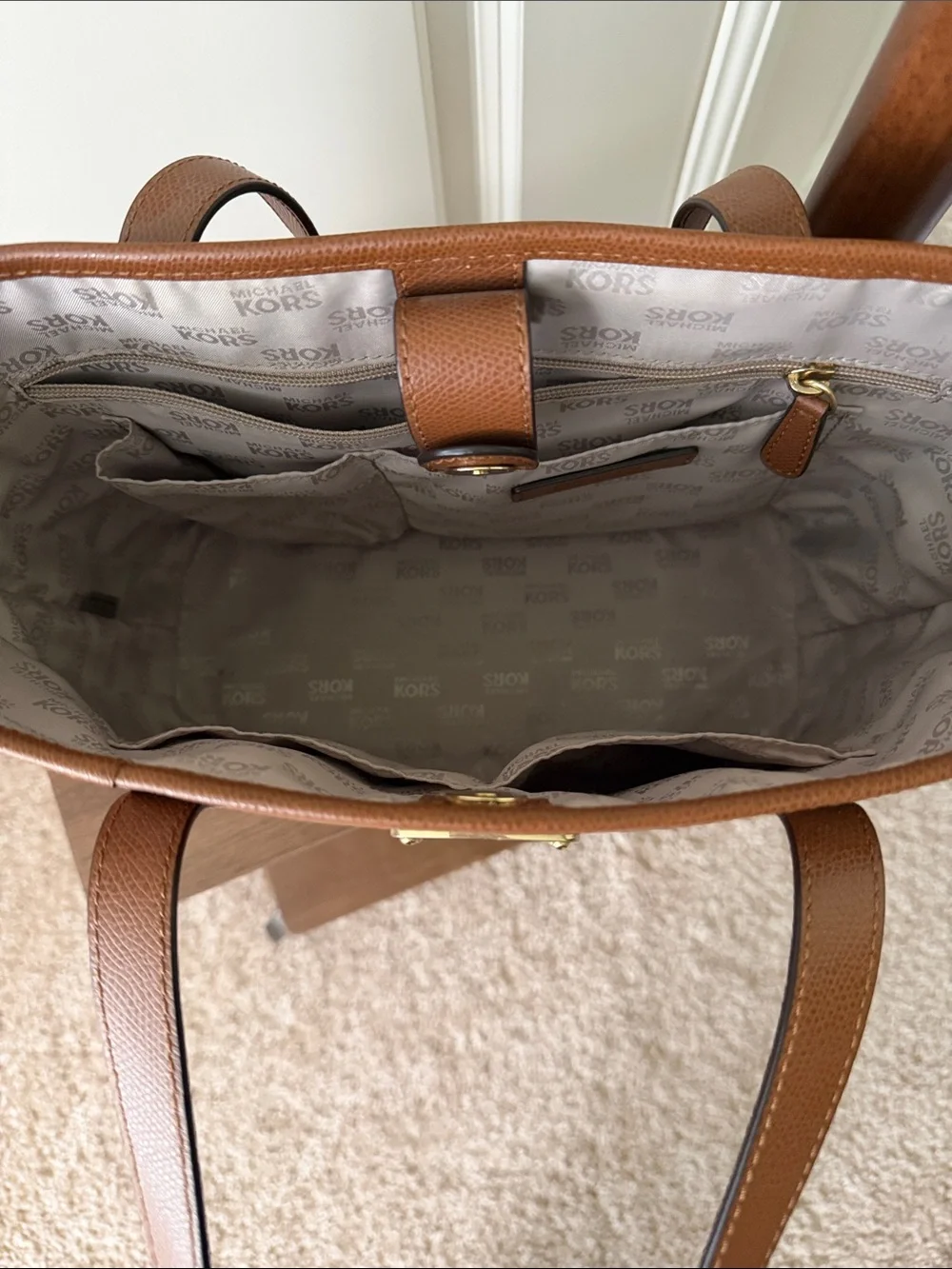 Michael Kors Cognac Pebbled Leather Small Tote with Gold Plaque